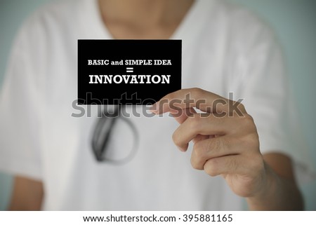 young woman show  BASIC AND SIMPLE IDEA EQUAL INNOVATION card