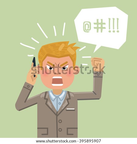 Illustration of an angry man talking on the phone. Businessman shouting on the cellphone. Emoticon, emoji, facial expression. Flat style vector illustration