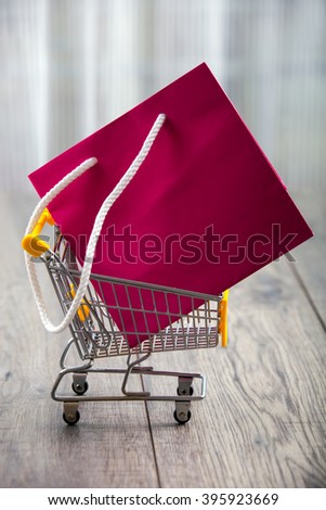 Small supermarket trolley filled with paper bag