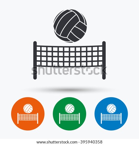 Volleyball net with ball icon. Beach sport symbol. Flat signs in circles. Round buttons for web. Vector