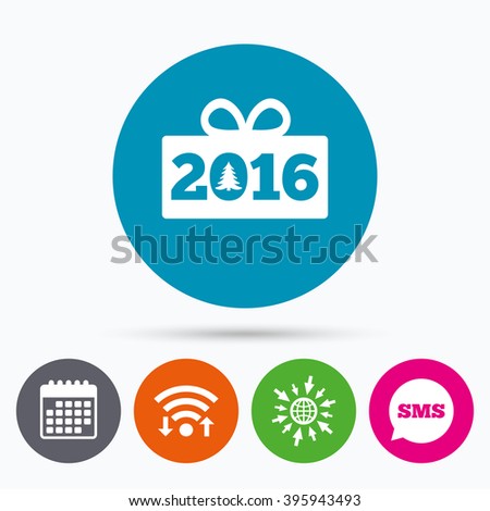 Wifi, Sms and calendar icons. Happy new year 2016 sign icon. Christmas gift anf tree. Go to web globe.