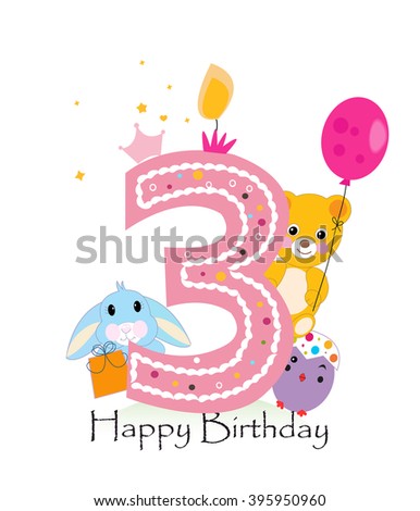 Third birthday greeting card. Teddy bear, bunny and chick vector background