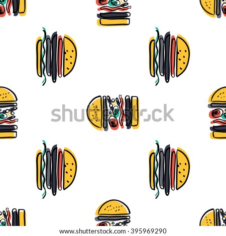 Fast food seamless pattern. sandwich set. Decorative elements for your packing design. 