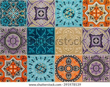 colorful ornament ceramic tiles patterns . horizontal photo