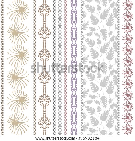 Set of bohemian borders with floral motifs. Hand drawn seamless leaves pattern, sun symbol, damask border, geometric stripes. Vintage textile collection. Golden, silver shadows on white. 