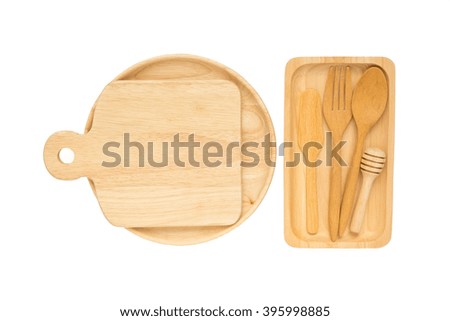 Top view of isolated wooden fork, spoon, butter knife, honey dipper, plate, tray, cutlery on wooden tray