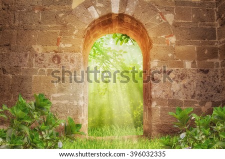 Rays of sunlight and Ancient Gate Royalty-Free Stock Photo #396032335