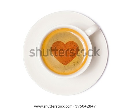 coffee cup with heart sign, top view  isolated on white background, with clipping path.