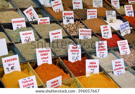 Sale of spices market in Turkey. The price tags on each product with the title. 