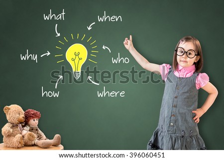 Cute little girl wearing business dress and analyzing problem and find solution, on green chalk board.
