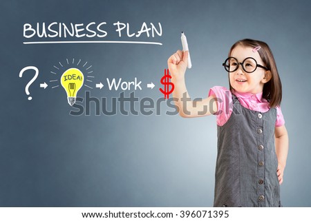 Cute little girl wearing business dress and drawing a strategy plan to be successful in his business. Blue background.