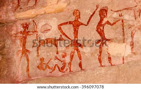 Prehistoric cave paintings over 4,000 years Khao Chan Ngam, Nakhon Ratchasima. Royalty-Free Stock Photo #396097078