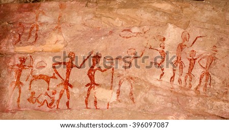 Prehistoric cave paintings over 4000 years Khao Chan Ngam, Nakhon Ratchasima. Royalty-Free Stock Photo #396097087