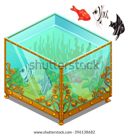 Vintage aquarium with Golden patterns and exotic fish isolated on white background. Vector cartoon close-up illustration.