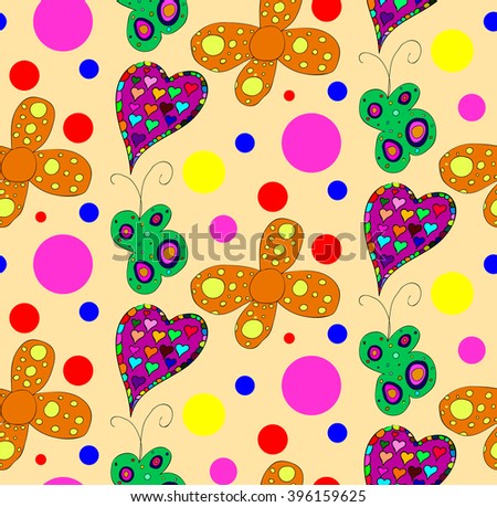 Seamless pattern with butterfly, flower and heart