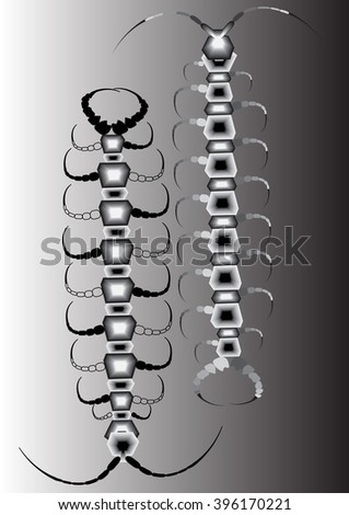 a pair of stylized black and white on a gray background millipedes