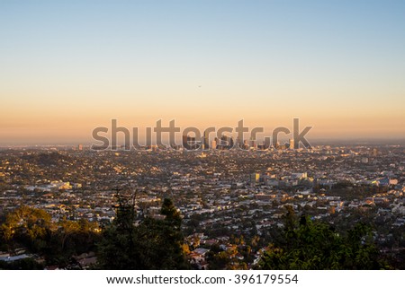 Los Angeles skyline at dusk.  Royalty-Free Stock Photo #396179554