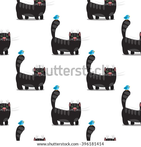 Seamless pattern with a black cat and a little bird. Serial rhythmic pattern.
