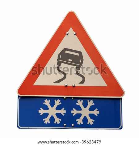 Warning sign of slippery road surface due to snow