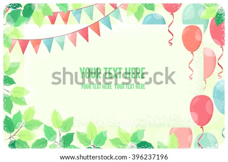 Horizontal template, card with fresh green spring leaves, multicolored party flags and balloons. Retro vector illustration. Place for your text. Invitation, banner, poster, flyer, gift certificate
