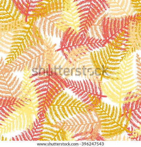Seamless pattern with hand drawn fern leaves. Vector stock illustration. Red, orange and yellow leaves. 