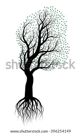 tree silhouette with roots with green leaves