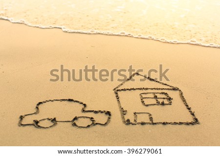 House and a car drawn on the sea beach.