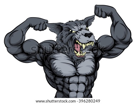Wolf animal mascot showing off his biceps and ready for a fight