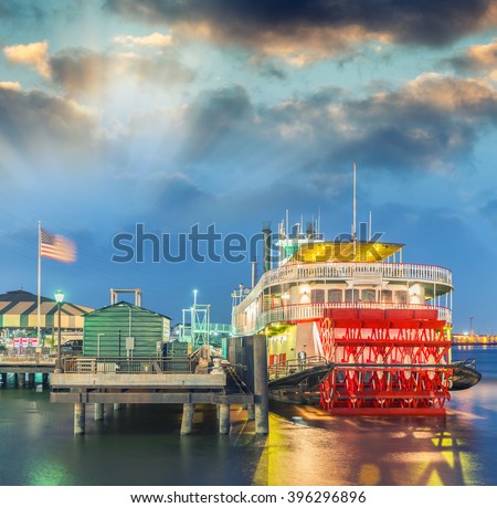 Steamboat on Mississippi river, New Orleans. Royalty-Free Stock Photo #396296896