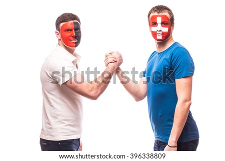 Albania vs Switzerland friendly handshake before game on white background. European  football fans concept.