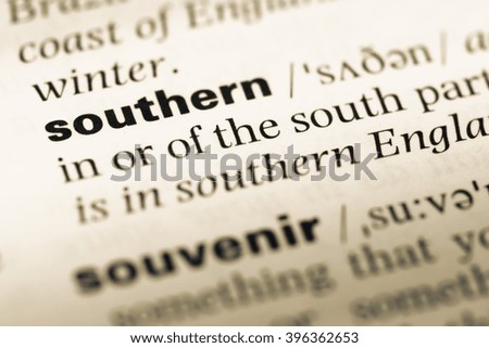 Close up of old English dictionary page with word southern