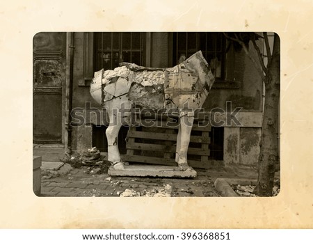 ISTANBUL, TURKEY - Horse toy at the street. Picture with vintage effect. Postcard