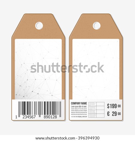 Vector tags design on both sides, cardboard sale labels with barcode. Molecule structure, connection vector, science polygonal background