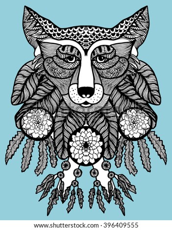 Portrait of a wolf. The dog's head. Line art. Black and white drawing by hand. Stylized. Decorative. Tattoo. Indian wolf. Wolf decorated with feathers.