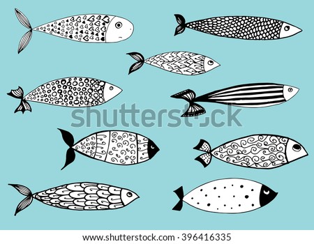 Stylized fishes. Aquarium fish. Ornamental fish. River fish. Sea fish. Children's drawing. Black and white drawing by hand. Line art. Set.