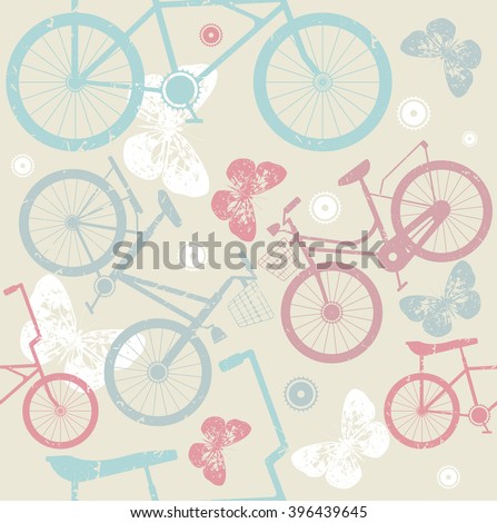 Seamless pattern with retro bicycles and cute butterflies. Template can be used for surface textures, textile, kids cloth and more creative designs.