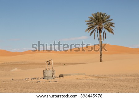 solitary palm tree and well in the sand desert of Merzouga, Morocco Royalty-Free Stock Photo #396445978