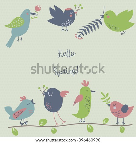 Retro styled spring illustration with seven cute birds hanging spring flowers