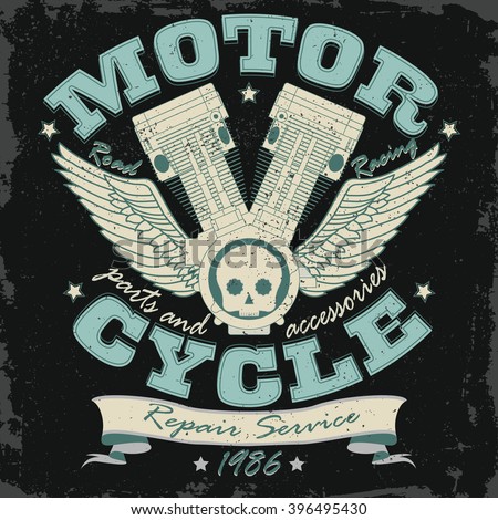 Motorcycle Racing Typography Graphics. T-shirt Design, Bikers wear. Repair service vintage print - vector