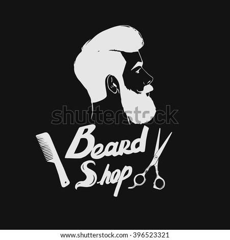 Vector hipster Barber shop logo, icon. Beard, scissors, comb.