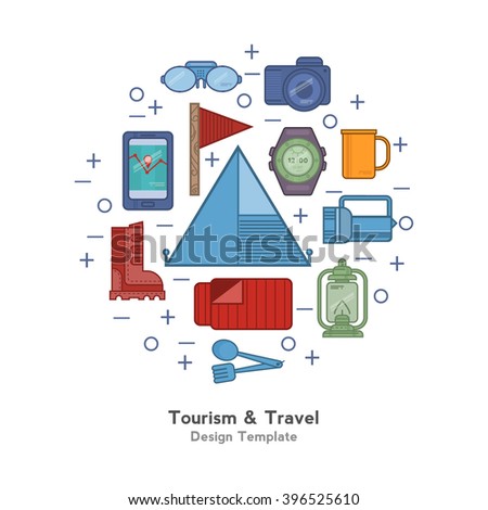 Travel flat icons backpack, shoes, compass.  Design elements camping equipment, hiking, climbing, recreational tourism. They can be used for banners, greeting cards and other printed products