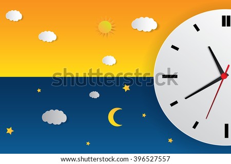 Clock with day night concept clock face vector illustration. Blue sky with clouds and sun. Moon and stars in the night