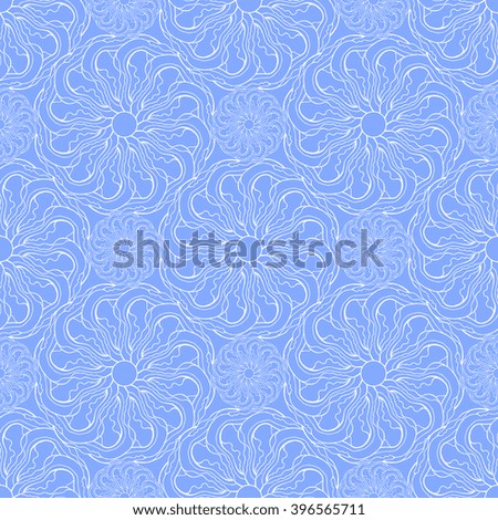 Seamless creative hand-drawn pattern of stylized flowers in cornflower blue and white colors. Vector illustration.