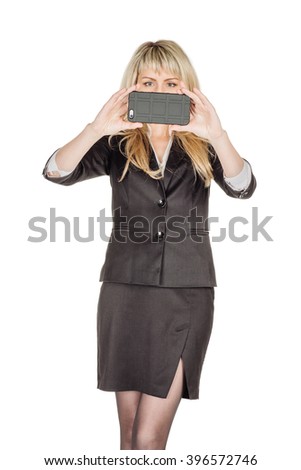 Happy business woman taking selfie photo smartphone. Women's business model in black costume. Isolated on white background.  business, technology and people concept