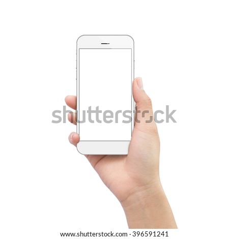 hand holding phone isolated on white clipping path inside Royalty-Free Stock Photo #396591241