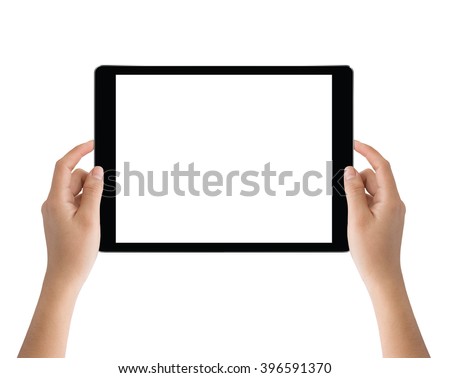 hand holding black tablet isolated on white clipping path inside easy adjustment Royalty-Free Stock Photo #396591370