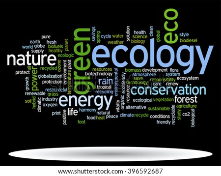 Vector concept or conceptual abstract green ecology and conservation word cloud text on black background, metaphor to environment, recycle, earth, alternative, protection, energy, eco friendly or bio