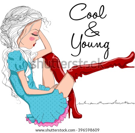cute girl wear red boots,cool and young,vector girl,cool girl