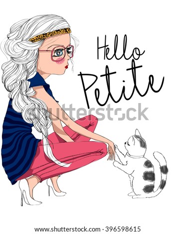 cute girl with cats,little petite,hello little,vector girl and cats,cool girl