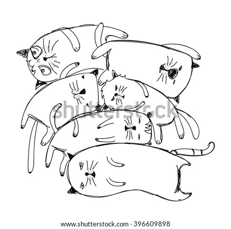 Set of hand drawn cute kittens in various poses, black line. Vector illustration